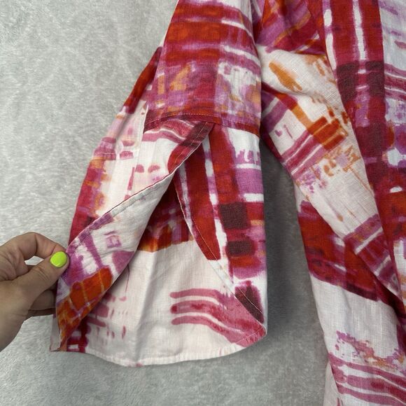 Ali Miles Linen Blazer Jacket Size 3X Pink Abstract Tulip Sleeve Artsy Lagenlook - Picture 8 of 14